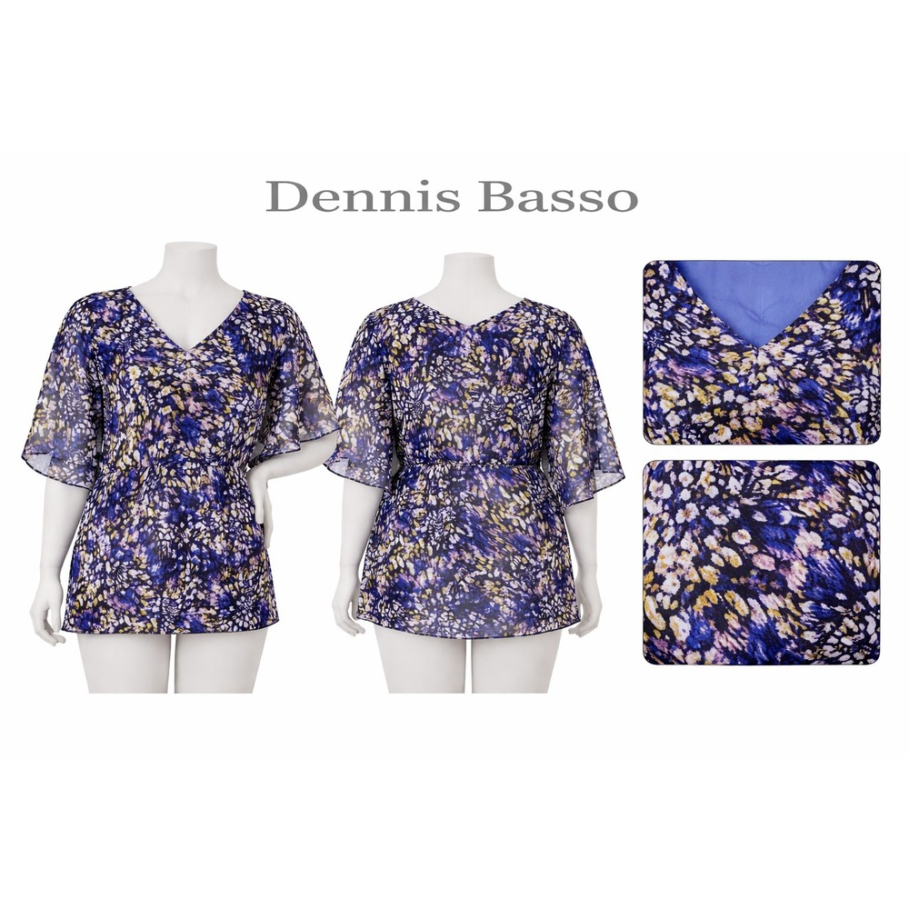 Dennis Basso Womens 3X Floral Print Kimono Sleeve V Neck Top Purple A224432